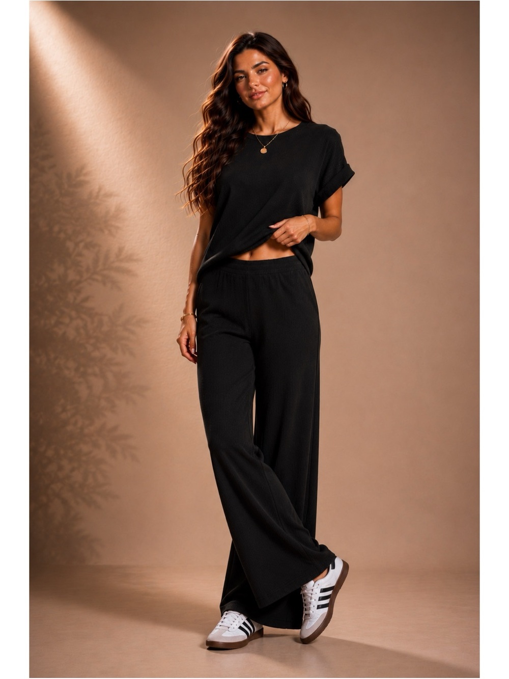 Elegant Black Women's Sweater Rolled Sleeve Top & Long Pants Set